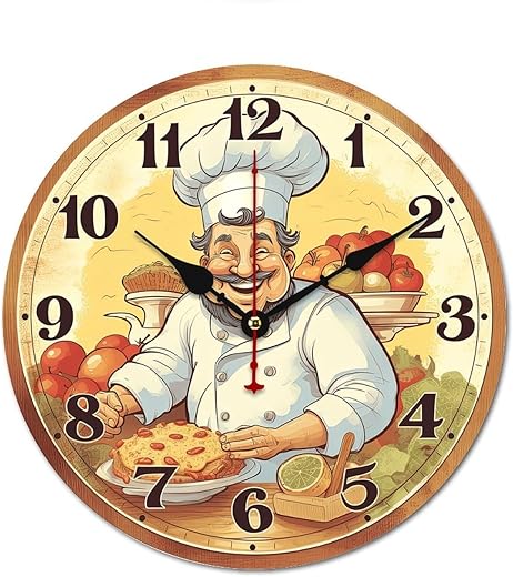 Home 12 Non Ticking Wall Clock Vintage Chef Kitchen Wooden Round Quartz Round Wall Clocks Bedroom Decorative Vintage Rustic Chic Style Wall Clock 12 Easy to Read Decor for House Men Cave New Home