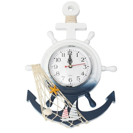 Homemaxs Wall Clock Nautical Anchor Clock Decor Wheel Ship Hanging Beach Steering Alarm Mediterranean Coastal Boat Clocks Retro