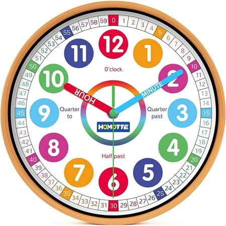 Homotte Kids Wall Clock for Bedroom, 10 inch Round Multi-Colored Learning Clock, Children's Silent Analog Non-Ticking Educational Wall Clock for Boys and Girls Classroom Home Decor