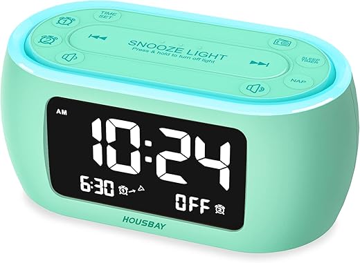 HOUSBAY Glow Small Alarm Clock Radio for Bedrooms with 7 Color Night Light, Dual Alarm, Dimmer, USB Charger, Battery Backup, Nap Timer, FM Radio with Auto-Off Timer for Bedside（Mint）