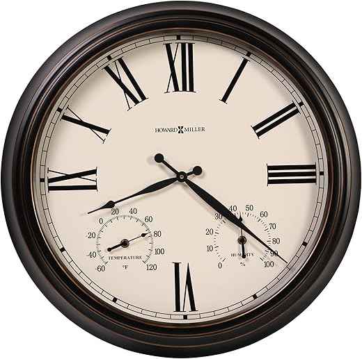 Howard Miller Aspen Outdoor Oversized Wall Clock 625-677 – Worn Black Finished Metal with Gold Rub Edges, Antique Home Décor, Thermometer & Hydrometer, Quartz Movement