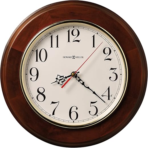 Howard Miller Brentwood Wall Clock 620-168 11.5-Inch Windsor Cherry Finish, Round Brass-Finished Bezel, Natural Home Decor, Off-White Dial, Quartz Movement Timepiece