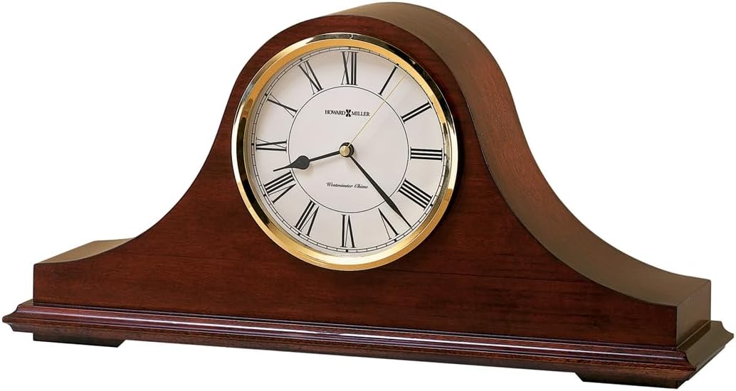 Howard Miller Christopher Mantel Clock 635-101 Windsor Cherry Finish, Brass Accents, Black Roman Numerals, Quartz Single-Chime Movement, Volume Control