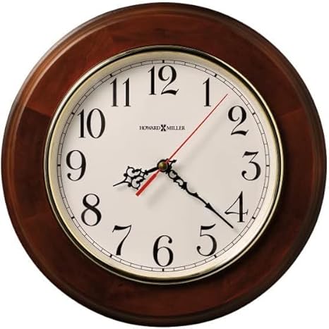 Howard Miller Culdesac Wall Clock II 549-659 – 11.5-Inch Windsor Cherry Finish, Round Brass-Finished Bezel, Natural Home Decor, Off-White Dial, Quartz Movement Timepiece