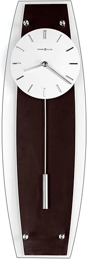 Howard Miller Cyrus Wall Clock 625-401 Black Coffee Finish Back Panel, Polish Nickle Finish Accents, Cylindrical Pendulum, Quartz Movement, Modern Home Decor