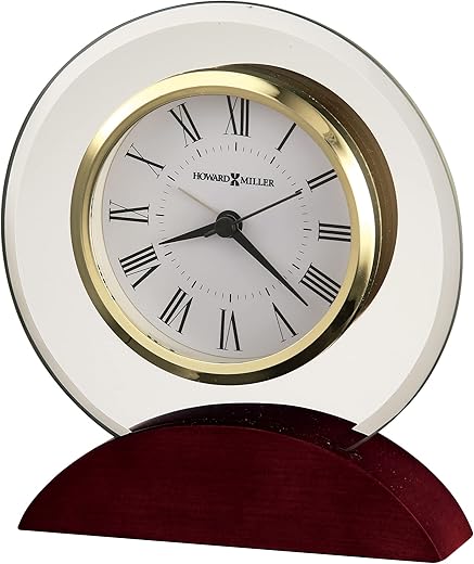 Howard Miller Dana Table Clock 645-698 – Satin Rosewood Finished Base, Beveled Glass Top, Roman Numerals, Contemporary Home Décor, Quartz, Alarm Movement