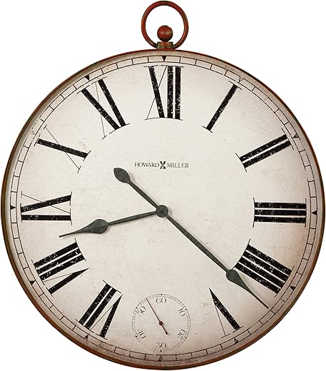 Howard Miller Gallery Pocket Watch II Wall Clock 625-647 – Aged Red Finish, Distressed White Background, Roman Numerals, Antique Home Décor, Quartz Movement