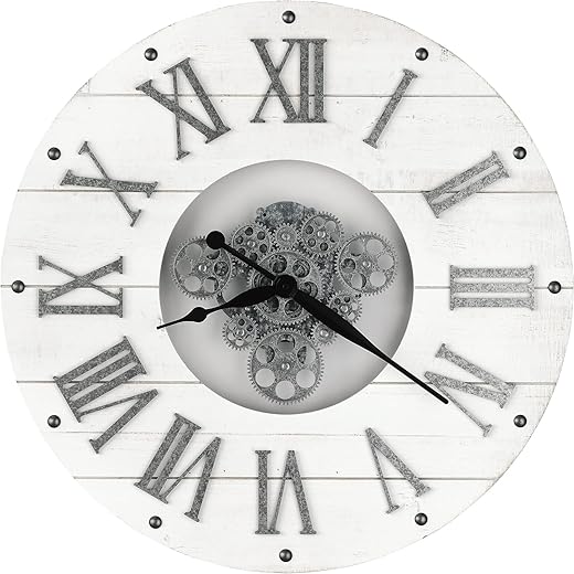 Howard Miller Hayden Gallery Oversized Wall Clock II 549-699 – Antique White Finish, Galvanized Finished Roman Numerals, Clear Plexiglass Design, Moving Gears, Metal Wall Clock