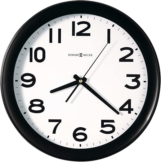 Howard Miller Kenwick Wall Clock 625-485 – Black Case, 13.5-inch Classic Round Design, White Dial, Optical Glass Crystal, Modern Home Decor, Quartz Movement