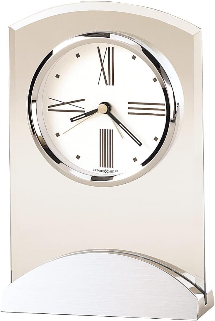 Howard Miller Preston Table Clock II 549-778 – Modern Glass Arch and Aluminum with Quartz, Alarm Movement