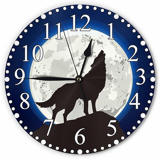 Howling Wolf of The Moon Wall Clock 10 Inch Battery Operated Clock Silent Non-Ticking Modern Clocks Decorative for Home Kitchen Living Room Bathroom Office