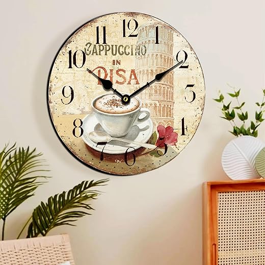 HQF Italian Wall Clock,16 Silent Wall Clocks Coffee & Torre di Pisa Style Vintage Rustic Clocks Farmhouse Clock Upgraded Movement MDF Wooden for Living Room Bedroom Kitchen Decor