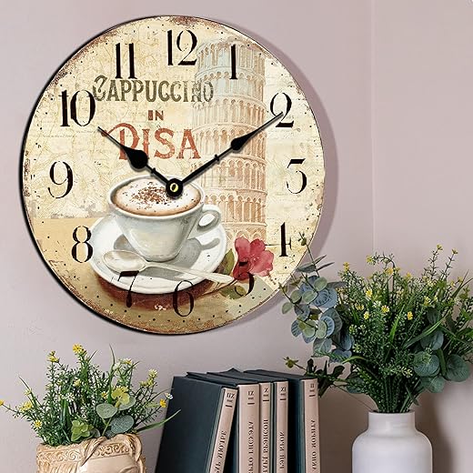 HQF Wall Clock,14" Italian Wall Clocks Coffee & Torre di Pisa Style Vintage Rustic Clocks Silent Clocks Farmhouse Clock Upgraded Movement for Living Room Bedroom Kitchen Decor