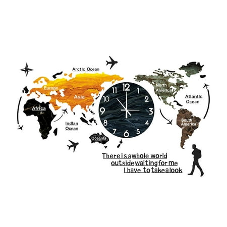 Huhuzaio Clock World Map Wall Clock Home Bedroom Wall Personality Wall Clock