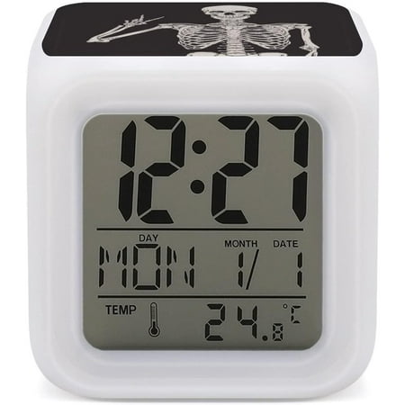 Human Skeleton Posing On Black Mini Digital Alarm Clocks, Led Night Glowing Cube Cl[3994]