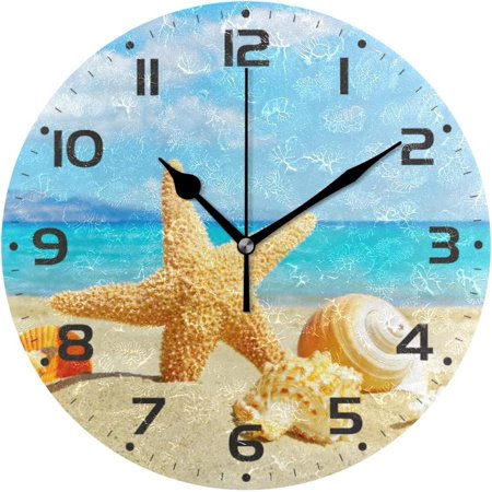 Hyjoy 10in Beach Landscape with Sunbeam Wall Clock Silent Non Ticking Round Clock Oil Painting Clock Easy to Read Clock for Living Room Bedroom Bathroom Home Decor