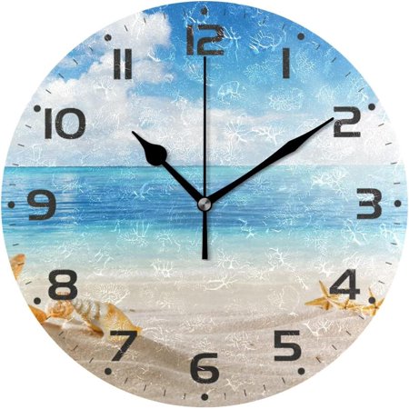 Hyjoy 10in Sunbeam Beach Landscape Wall Clock Silent Non Ticking Round Clock Oil Painting Clock Easy to Read Clock for Living Room Bedroom Bathroom Home Decor