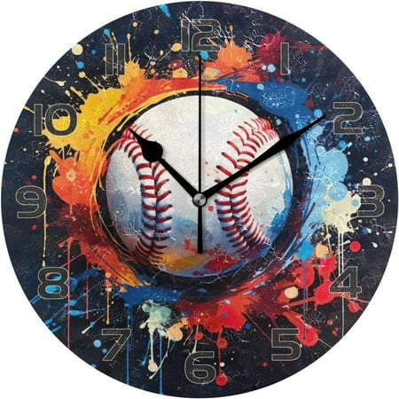 Hyjoy Doodle Baseball and Paint Pattern Wall Clock, Round Silent Wall Clock, 9.84 inches, Home Decor, for Living Room, Kitchen, Bedroom