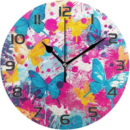 Hyjoy Doodle Colourful Inked Butterfly Pattern Wall Clock, Round Silent Wall Clock, 9.84 inches, Home Decor, for Living Room, Kitchen, Bedroom