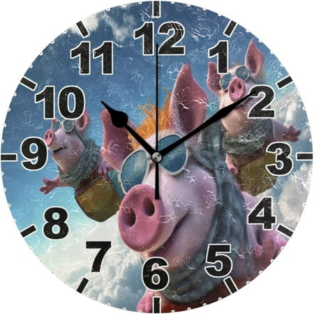 Hyjoy Flying Pig Round Wall Clock, Battery Operated Silent Non Ticking Desk Clock for Home Bedroom Kitchen Office School Decor Wall Clock 9.9 Inch