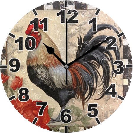 Hyjoy Vintage Rooster Round Wall Clock, Battery Operated Silent Non Ticking Desk Clock for Home Bedroom Kitchen Office School Decor Wall Clock 9.9 Inch