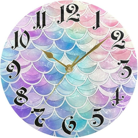 Hyjoy Wall Clock - Silent Non-Ticking, Battery Operated, 10 Inch Rainbow Mermaid Clock Decorative for Home, Bedroom, Living Room - Modern Decor Wall Clock