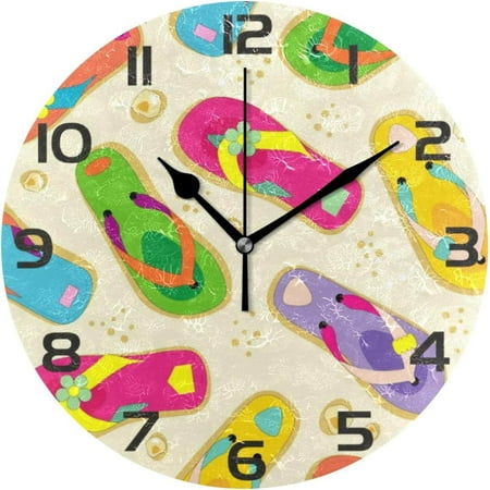 Hyjoy Wall Clock Round Colorful Flip Flops Battery Operated Silent Non Ticking Decorative Home Office School Decor Dual Use Art Clock