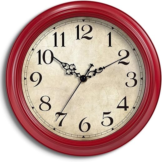 HYLANDA Wall Clock, 12 Inch Red Wall Clocks Battery Operated, Kitchen Vintage Clocks Silent Non Ticking, Farmhouse Retro Country Clocks Decorative for Bedroom, Living Room, Home(12")