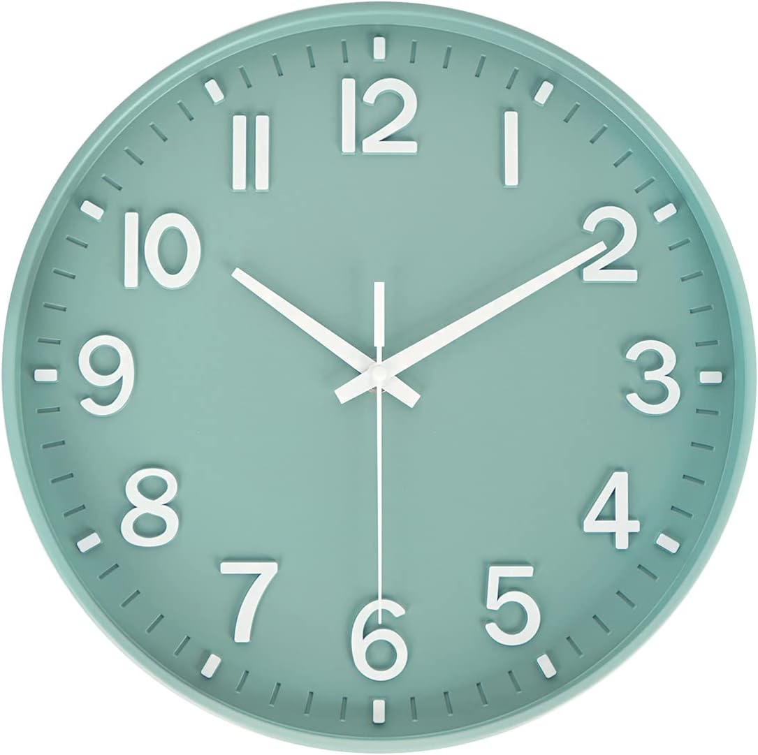 HZDHCLH Modern Quartz Wall Clocks Battery Operated,12 inch Silent Non Ticking 3D Numbers Round Clock for Wall, Green Wall Clock for Kitchen Bedroom Living Room Office Classroom Decor