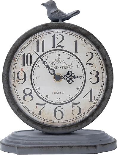 HZDHCLH Vintage Table Clock with Bird,Retro Mantel Clock Battery Operated,Metal Clock for Living Room Shelf Desk Table Fireplace Decor (Gray)