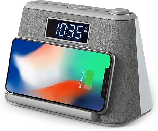 i-box Digital Alarm Clock Radio, Bedside LCD Alarm Clock with USB Charger & Wireless QI Charging, Bluetooth Speaker, FM Radio, RGB Mood LED Night Light Lamp, Dimmable Display and White Noise Machine