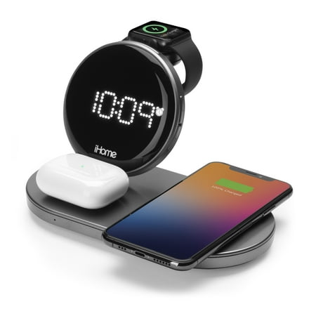 iHome Powervalet Quad+ 4-in-1 Digital Black LED Alarm Clock with Qi Wireless Fast Charging