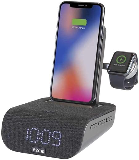 iHome TIMEBASE PRO+ Triple Charging Alarm Clock | Qi-Certified Wireless Charging, Apple Watch Charger, Bluetooth Speaker, USB Charging and Battery Backup (Model iWBTW200B)