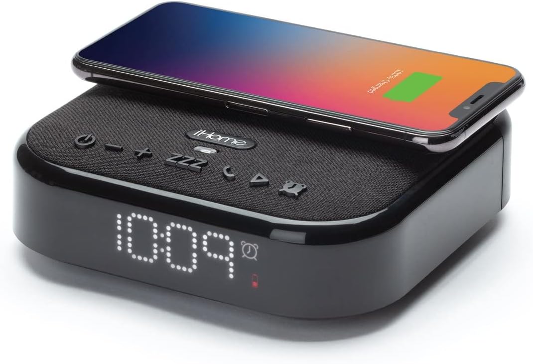 iHome Wireless Charging Alarm Clock with Bluetooth Speaker, Dual USB Ports, and Large LED Display