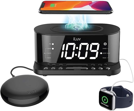 iLuv Time Shaker 5Q Wow Qi-Certified Wireless Charging Alarm Clock with Vibration Shaker, Jumbo LCD White Display, Dual Alarm, FM Radio, Sleep Timer, 3-Level Dimmer, USB Charging Port, Battery Backup