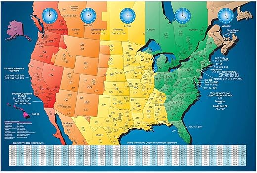 ImageAbility North America Laminated Gloss Time Zone Area Code Map with Reverse Lookup, Desk Size 11 by 17 Inches