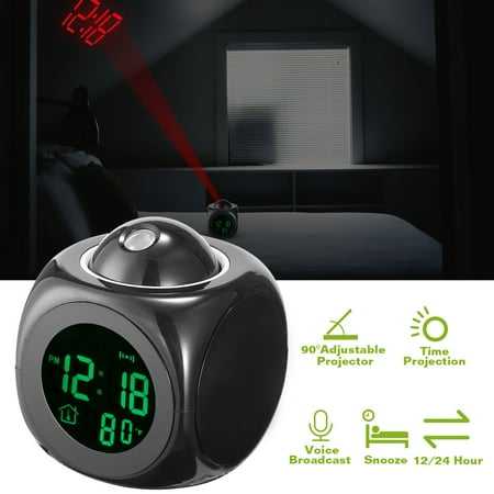 iMounTEK projection alarm clock (digital lcd voice talking function, led wall/ceiling projection, alarm/snooze/temperature display, 12hr/24hr, bedside alarm clock) - black