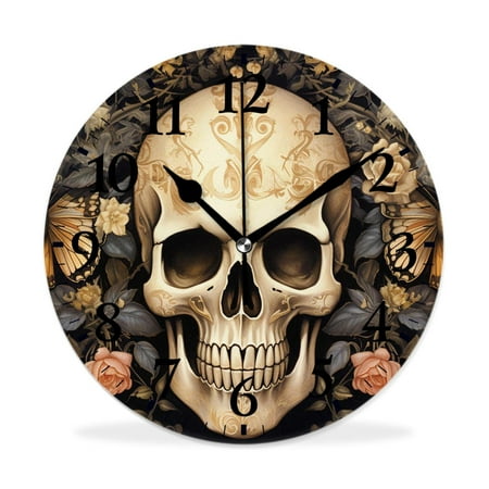 IMPCOKRU 10 inch Round Wall Clock,Tatoo Skull on Floral Background Design,Silent Non Ticking Wall Clocks for Living Room Kitchen Bedroom