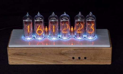 IN-14 Nixie Tube Clock in Marble and Teak Stuffed with Vision and Sound Effects by Millclock (White Italian Marble)