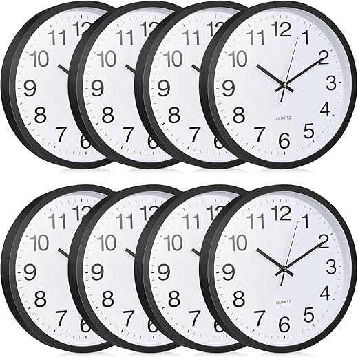 Inbagi 8 Pcs Wall Clock Large 12 Inch Silent Battery Operated Wall Clocks Modern Non Ticking Wall Clocks Bulk Decorative for Kitchen Office Living Room Home Bathroom Bedroom Classroom School, Black