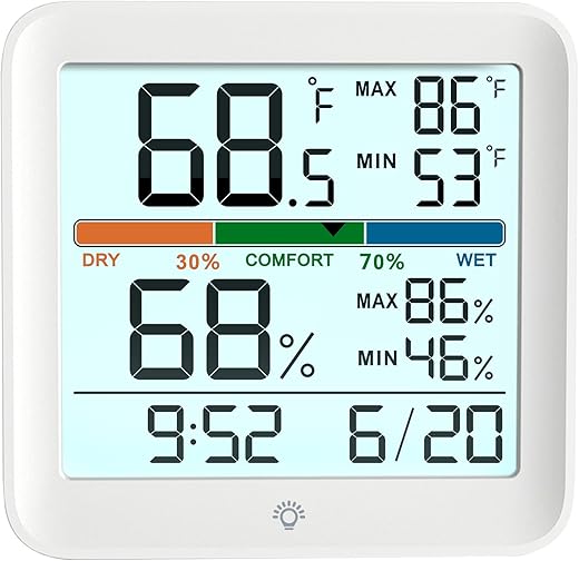 Indoor Thermometer Room Temperature Home Hygrometer Humidity Gauge, Accurate with Calibration, Backlight, Air Comfort Indicator, 24H Max Min Records, Time, Date (AAA Batteries Included)