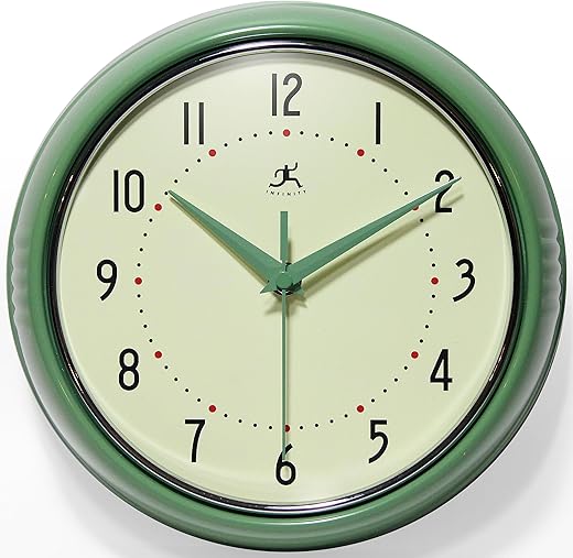 Infinity Instruments LTD. Retro 12 inch Silent Sweep Non-Ticking Mid Century Modern Kitchen Diner Wall Clock Quartz Movement Retro Wall Clock Decorative (Green)