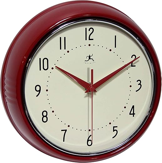 Infinity Instruments LTD. Retro 9 inch Silent Sweep Non-Ticking Mid Century Modern Kitchen Diner Wall Clock Quartz Movement Retro Wall Clock Decorative (Red)…