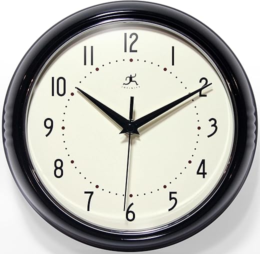 Infinity Instruments LTD. Retro 9 inch Silent Sweep Non-Ticking Mid Century Modern Kitchen Diner Wall Clock Quartz Movement Retro Wall Clock Decorative (Black)