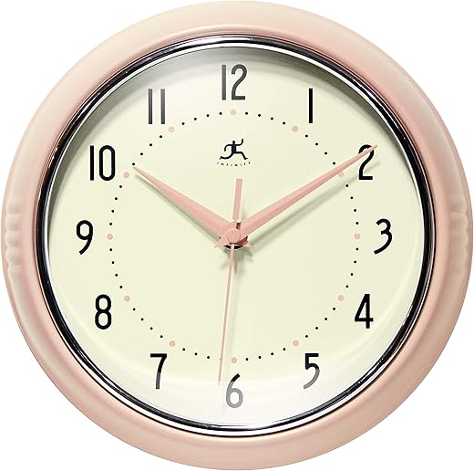 Infinity Instruments LTD. Retro 9 inch Silent Sweep Non-Ticking Mid Century Modern Kitchen Diner Wall Clock Quartz Movement Retro Wall Clock Decorative (Rose Blush)…