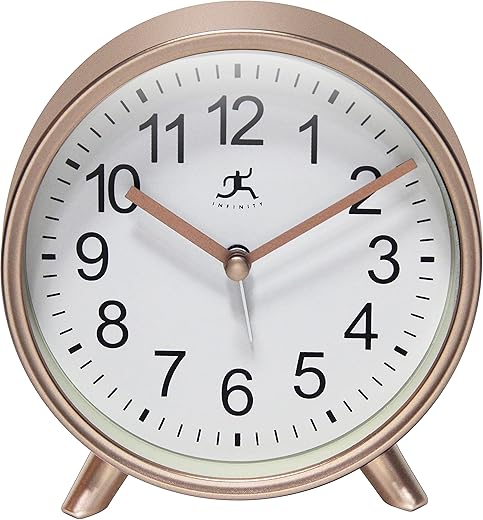 Infinity Instruments Plastic 5.75 Indoor Tabletop Alarm Clock with Quartz Movement for Accurate Time Keeping, Copper