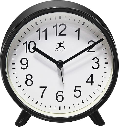 Infinity Instruments Plastic 5.75 Indoor Tabletop Alarm Clock with Quartz Movement for Accurate Time Keeping, Black