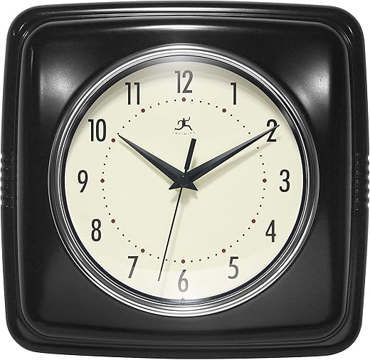 Infinity Instruments Retro Wall Clock - 9 Inch Square Clock - Silent Non-Ticking Mid Century Modern - Kitchen Clock Office Clock Diner Wall Clock - Vintage Wall Clock Decorative - Black