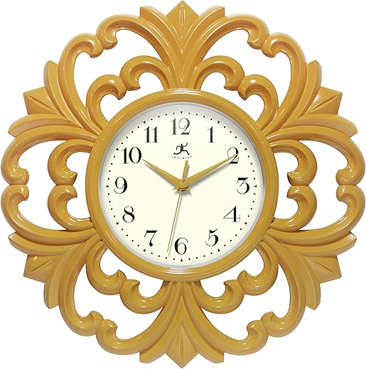 Infinity Instruments Wisteria 15.5 Inch Wall Clock, Indoor Use, Quartz Movement, Battery Operated, Silent Movement - Saffron