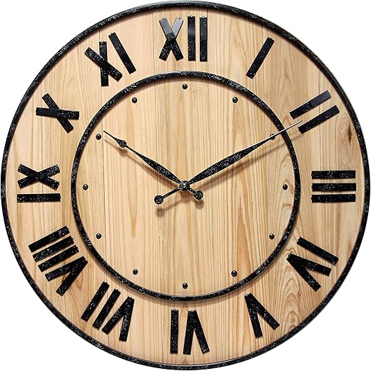 Infinity Instruments Wooden Barrel Wall Clock, Country Retro Farmhouse Style Elevates Any Room in The Home, 24 Inch, Natural Wood